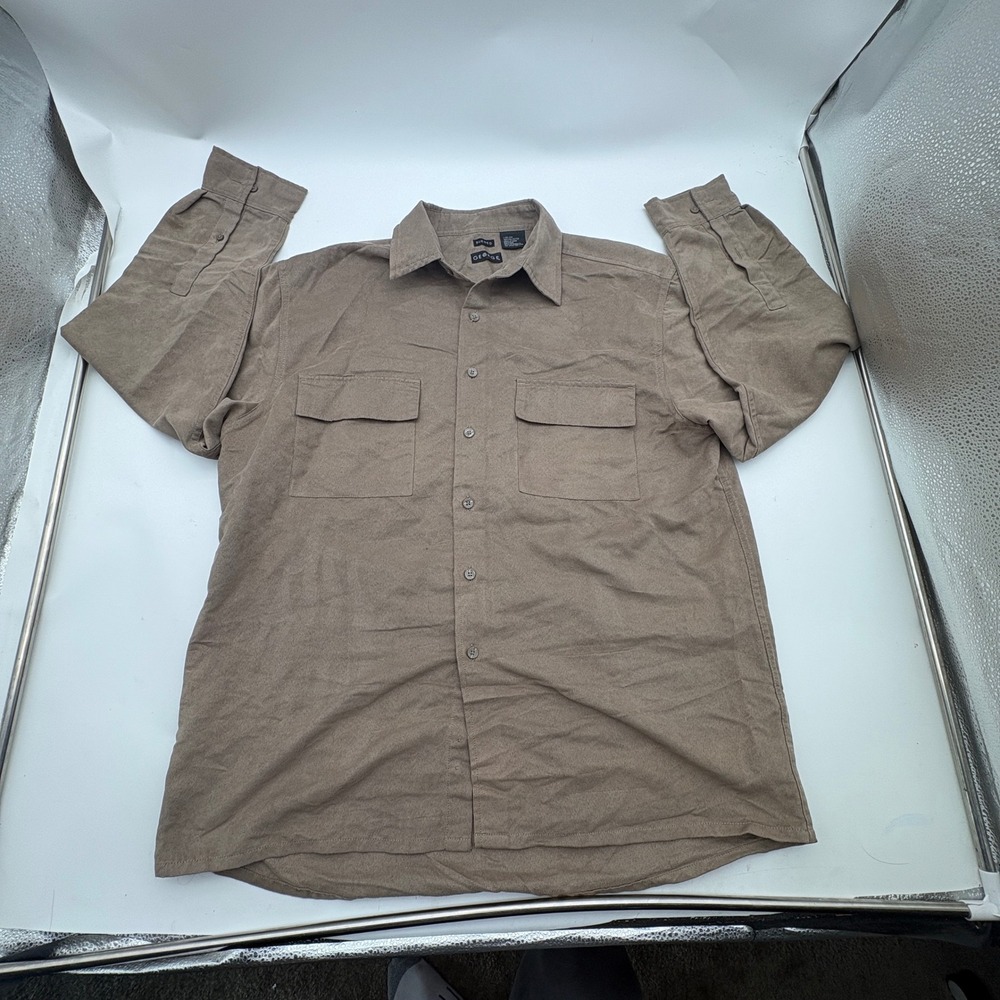 George Mens Sueded Button Down Shirt Tan Brown Utility Flap Pockets Size L 42-44